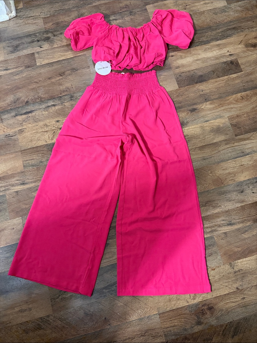 Shein Pink Wide Leg Smocked Waist Pants and Top Set